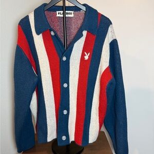 PLAYBOY Men's Cardigan - Red, White, and Blue Retro